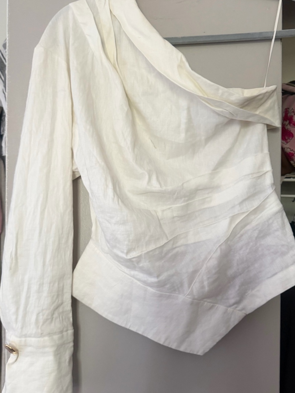 Zara Cream Asymmetric Draped One-Shoulder Top